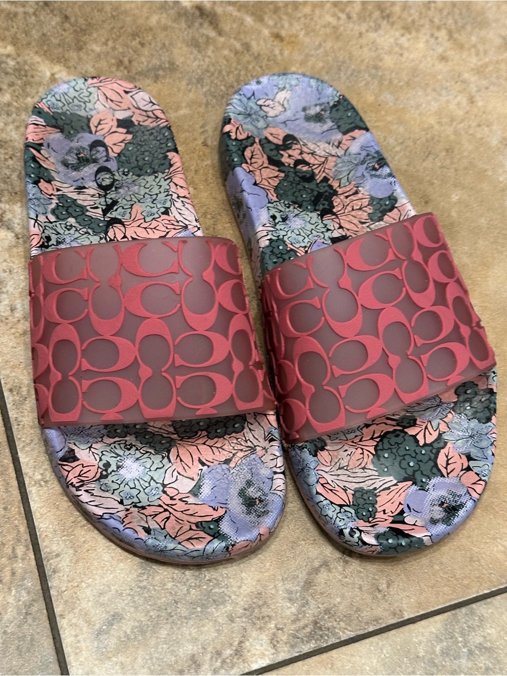 Coach Floral Logo Slide Sandals in Dark Pink and Multi-Color